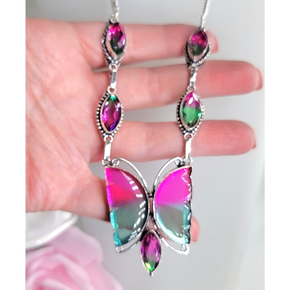 Hand Crafted Jewelry - New Bicolor tourmaline butterfly necklace silver